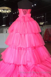 Elegant Strapless Layered Hot Pink Long Semi Formal Prom Dress with Slit